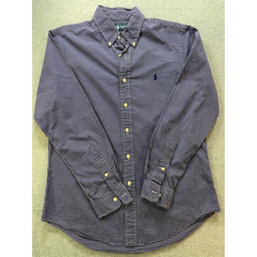 Ralph Lauren Mens Custom Fit Button Down Shirt Navy White Check Medium M Logo